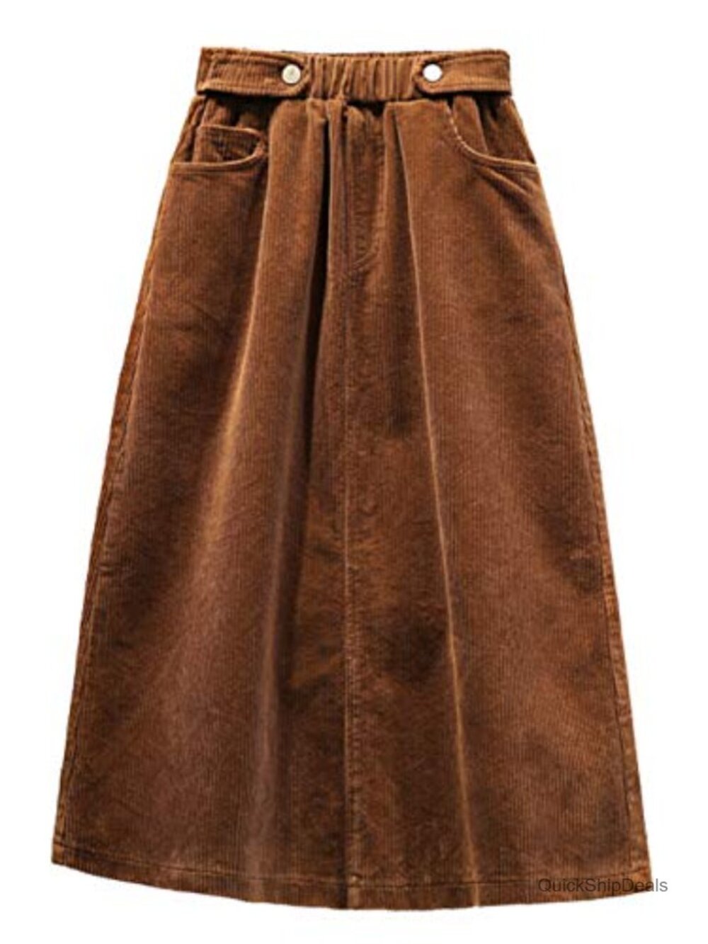Corduroy Elastic Waist Ruffle A-Line Midi Skirt with Pockets